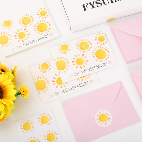 50 Pack FYSUIMU Watercolor Sun Thank You Cards Boxed Sunshine Note Cards with Envelopes Stickers Greeting Blank Card