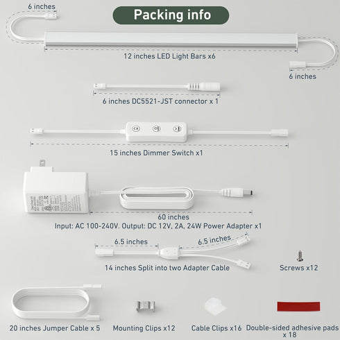 Bangnics 6 12 Inch Dimmable 24W Countertop Counter Closets 5000K Under Cabinet Lighting Plug in. PCS Likable Low