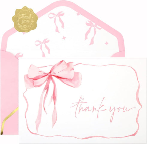 OIPKKUI 30Pack Pink Bow Thank You Cards with Envelopes Gold Foil Stickers Bow