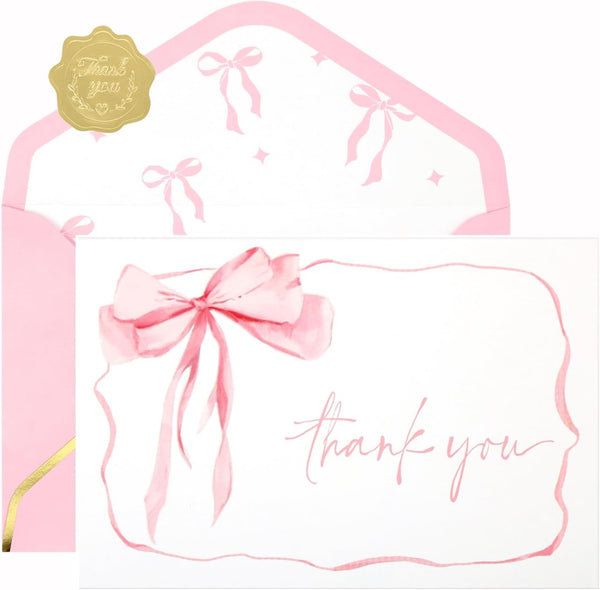 OIPKKUI 30Pack Pink Bow Thank You Cards with Envelopes Gold Foil Stickers Bow
