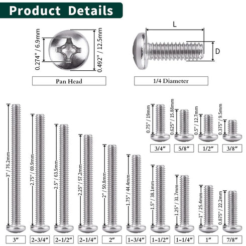 1/4-20 x 1-1/4" Pan Head Machine Screw, 304 Stainless Steel, 25 Pcs