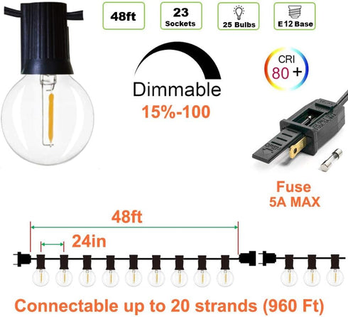 48ft 23+2 Bulbs, Dimmable 1W 60LM 2200K Outdoor String Lights with Spare Shatterproof Waterproof, LED Warm Glow