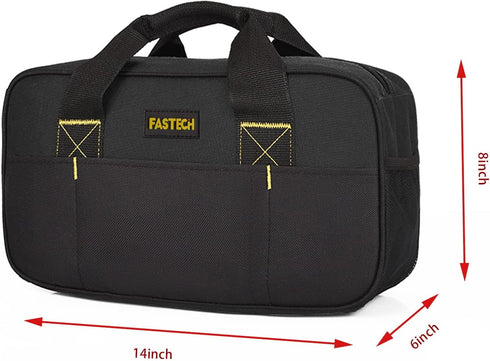 14 Inch Wide Mouth Tool Bag, Waterproof Organizer Tote Bag for Electricians, Double Fabric Storage (Black)