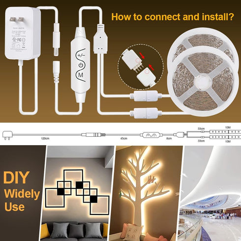 Wefomey 100ft Dimmable 24V 2700K-6500K 1800 (2 50ft) White LED Strip Lights, Bright Led Tape Light with Remote and App