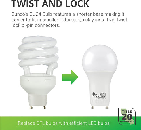 Sunco Lighting 4 Pack GU24 LED Light Bulbs, 2 Prong A19, 5000K Daylight, 9W Equivalent, Bright Dimmable