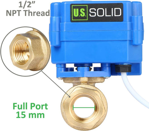 1/2" 9-24V 2 Setup U.S. Solid Motorized Ball Valve- Brass Ball Valve with Full Port, AC/DC and Wire Auto Return