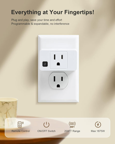200FT 15A/1875W (5 2 Wireless Remote Control Outlet, Long Range Remote Light Switch, Mini Remote Outlet Plug