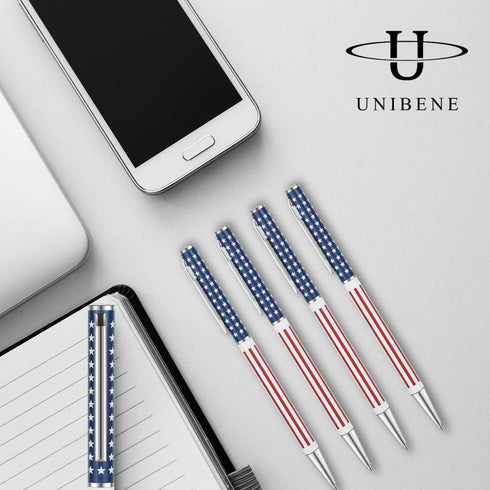 Unibene Slim Metal Retractable Ballpoint Pens, Bulk of 6 Count, Patriotic American Flag, Medium Point (1 mm Black Ink)