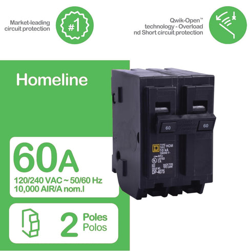 Plug In Circuit Breaker, HOM, 2 Poles, 60 Amps, 120/240VAC, Standard
