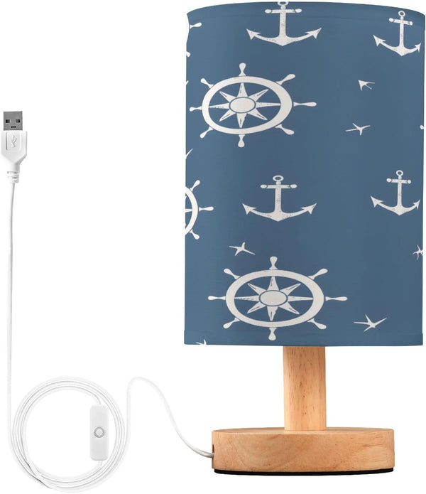 SUABO Bedside Table Lamp, Blue Nautical Pattern Nightstand Lamp Small LED Lamp Wood
