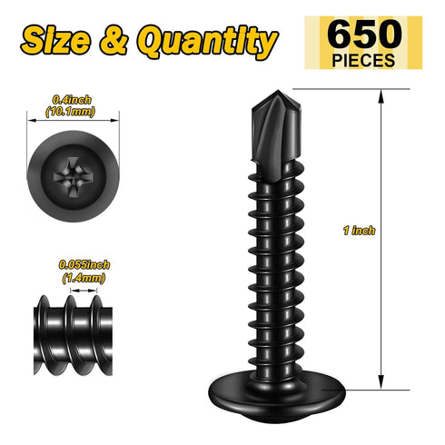 (650Pcs) #8×1" Black Self Tapping Screws, 410 Black Metal Screws, Oxide Stainless Steel Truss Head Self Drilling