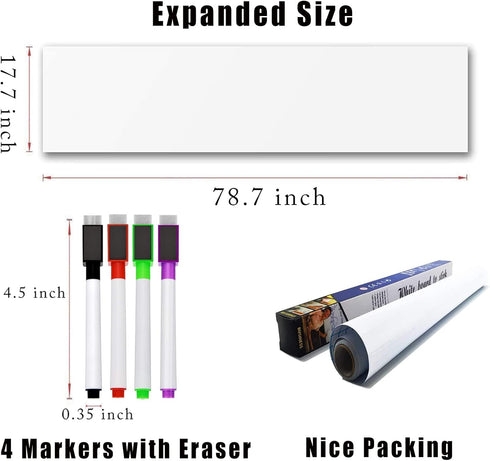 Self Adhesive White Board Paper - Dry Erase Wall Stickers Roll 17.7" x 78.7" (6.5 Feet) Message Board Wallpaper Decal for School/Office/Home/Kid/Art/Decoration, Safe for Adults & Kids with 4 Markers by Gretess