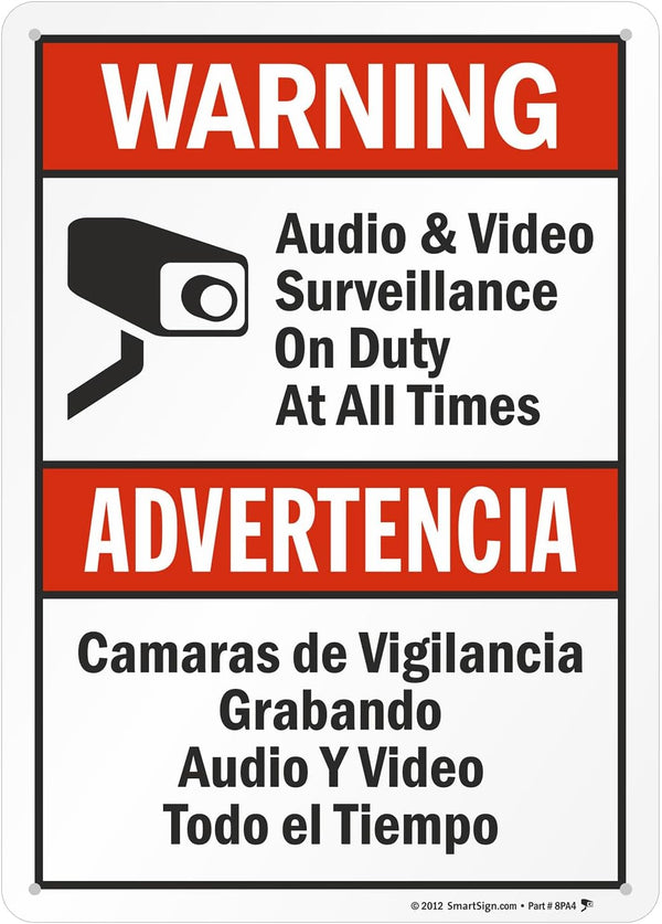 SmartSign-S-9392-AL-14 "Warning - Audio & Video Surveillance On Duty At All Times" Bilingual Sign | Aluminum 10" x 14"