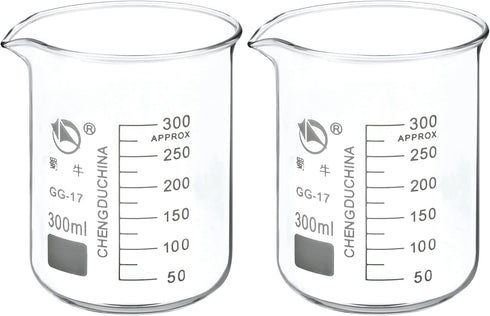 PATIKIL 2 Pack 300ml Low Form Glass Beakers, 3.3 Borosilicate Glass with Graduated Scale