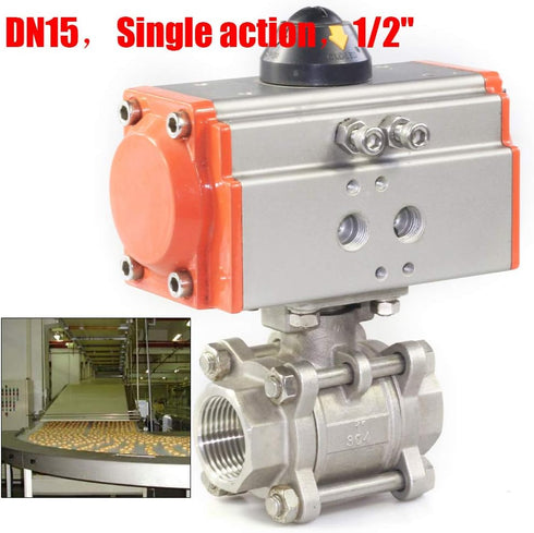 YUASDUU 1/2" 3-Piece DN15 0~1000 Pneumatic Air Actuated Ball Valve, Single-Acting Pneumatic Ball Valve Air Return PSI