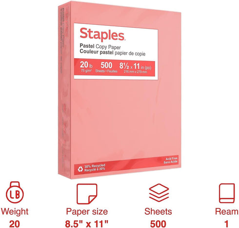 8 1/2-Inch 11-Inch 500/Ream, Staples Pastel Colored Copy Paper X Salmon For Office, School & Home