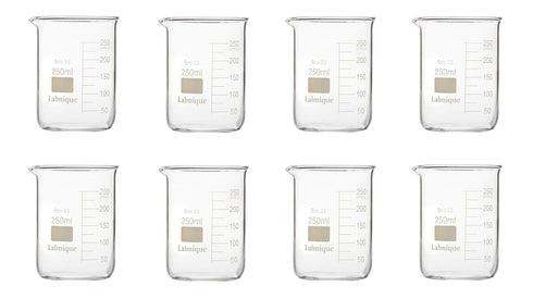 Labnique Borosilicate 3.3 Glass Griffin Beaker, Low Form with Printed Graduation, 250ml (Pack of 8)