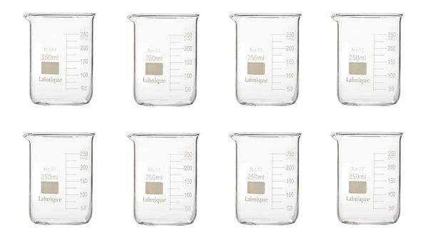 Labnique Borosilicate 3.3 Glass Griffin Beaker, Low Form with Printed Graduation, 250ml (Pack of 8)