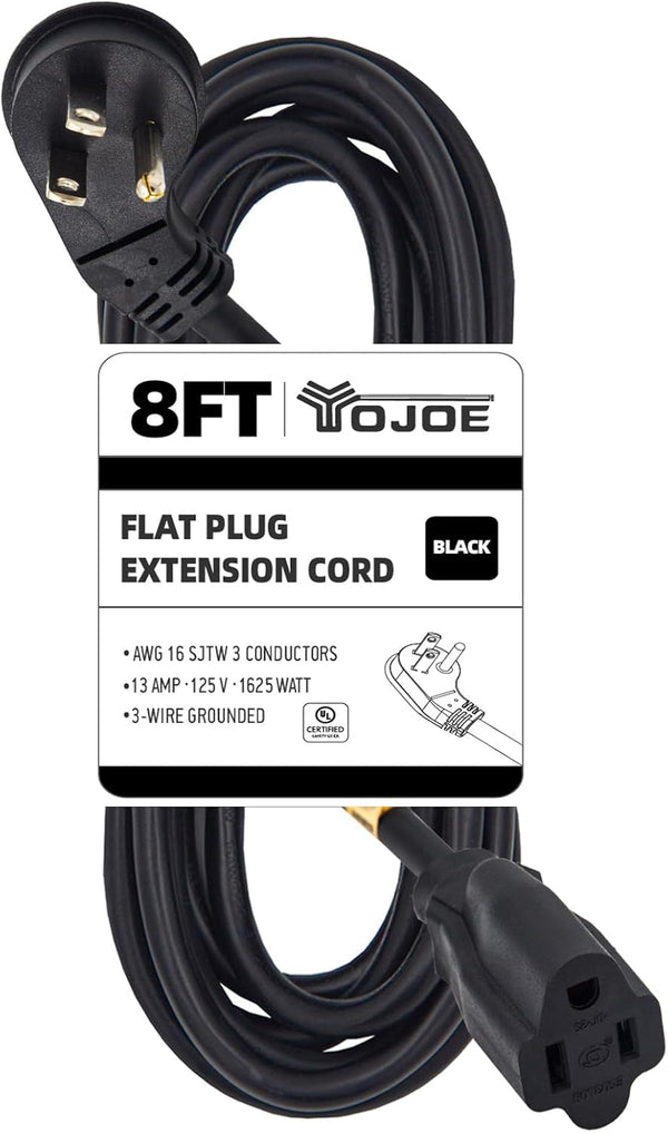YOJOE 8 ft Flat Plug Extension Cord, 3 Prong Short Heavy Duty Extension Cord for Kitchen, UL Listed, Black