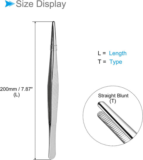 Tweezers, 200mm Length, Stainless Steel Straight Blunt Serrated Tip Tweezer - (Applications: for Mechanical Equipment Product Repair), 4-Pieces
