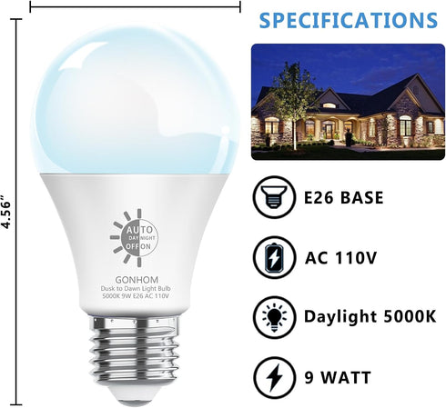 Gonhom 8 Pack Bulbs 5000K-Daylight, 720LM, 9W(60W A19 E26 Bulbs, Dusk to Dawn Light Outdoor, Equivalent) Automatic