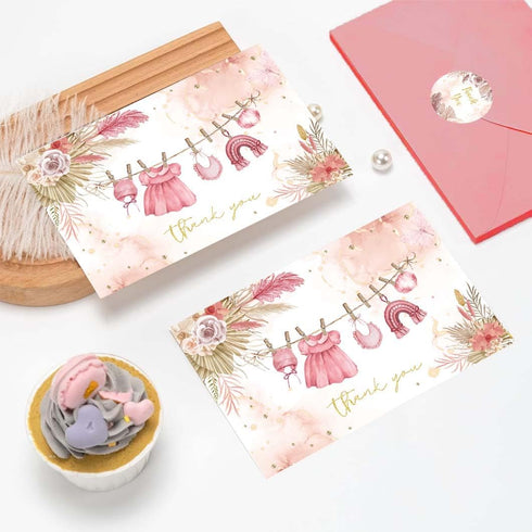 SolarGlory 50 Pack Set Pink Baby Shower Thank You Cards with Envelopes & Stickers for Girl, Floral Design Girl Thank