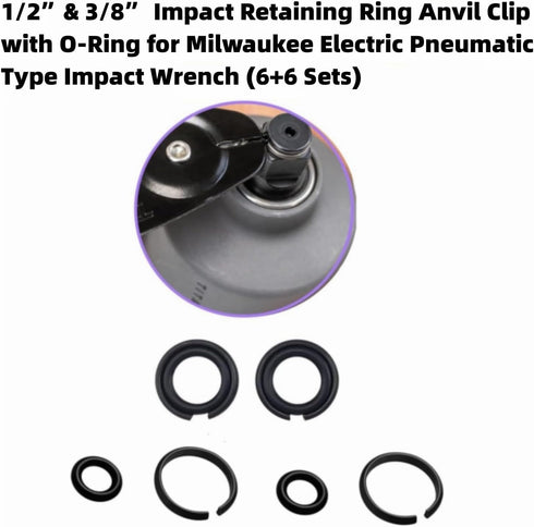 (6+6 Sets) 1/2 & 3/8 Impact Retaining Ring Friction Ring Anvil Clip with O-Ring for Milwaukee