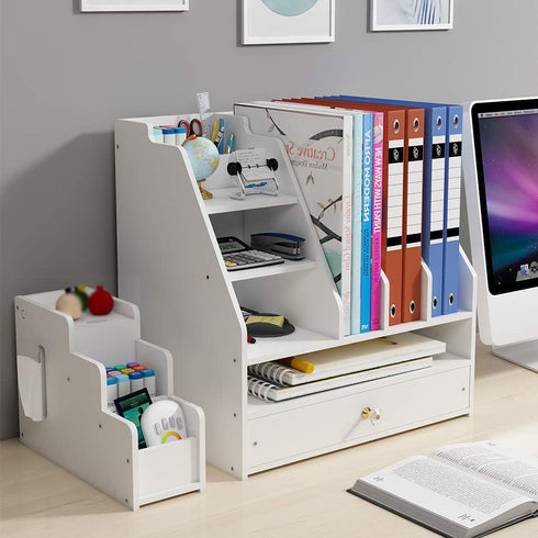 Desk Organizer with Pen Holder, DIY White Stationery Desktop Storage Sorter with Drawer for Home, Office, School