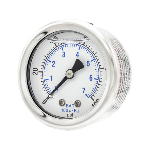 PIC Gauges 202L-204E Center Back Mount Glycerine Filled Pressure Gauge, 2" Dial, 0/100 psi Range