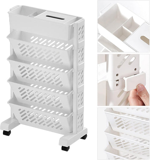 Walfront Movable Bookshelf Cart, Rotatable Removable Plastic Multifunctional Rolling Cart with Wheels (5 Layer)