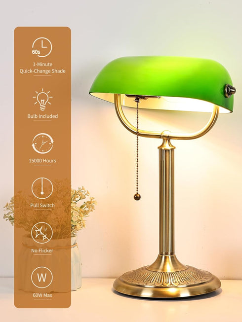 1-Minute Bulb Quick-Change Shade Classic Green Glass Bankers Desk Lamp for Study, Office, Library, LED Included