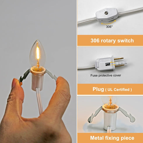 C7 2 C7 Bulb E12 KGC Accessory Cord with Led Light Candelabra-Base Socket, White Cord with On/Off Switch Plugs