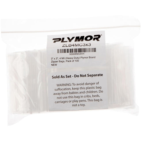 Plymor 3" x 3" Heavy Duty Zipper Reclosable Plastic Bags, Pack of 100, 4 Mil