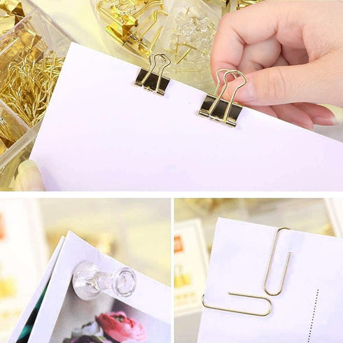 Gold Paper Clips and Binder Clips Set, Assorted Sized Metal Binders with Push Pins for Desk Accessories