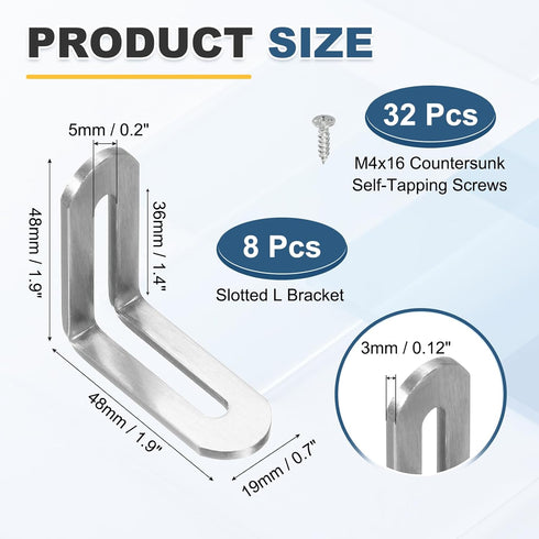 8 1.9"x0.7"x1.9", 90 uxcell Pcs Adjustable Right Angle Brackets, Slotted L-Shape Corner Bracket Degree Steel l Bracket
