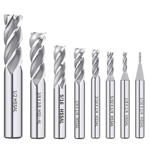 AUTOTOOLHOME 1/8" to 1/2" High Speed Steel HSS 4 Flute Straight End Mill Cutter, Set of 8