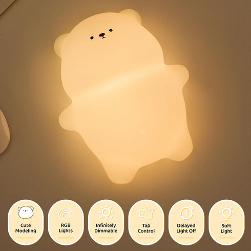 7 3 Dimmable Night Light for Kids, Cute Lying Flat Bear Led Night Light with Colors & Timer, Levels Silicone Kids Night