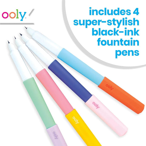 Ooly Fab Fountain Pen Pack of 4, Black Ink Pens with Refillable Ink Cartridges, Fine Tip for Calligraphy Drawing