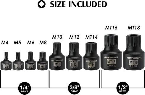 Set, M4- M18, 9 Set MIXPOWER Low Profile Impact Triple Square Bit Socket Solid One Piece Construction, Chrome