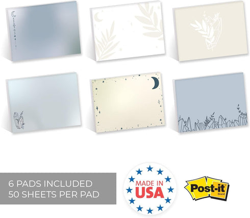 Boho Crystal Magic Sticky Note Assortment / 4" x 3" Blue Tan Repositionable Sticky Notes/Set of 6 Feminine Sun and Moon Pads/Made in The USA