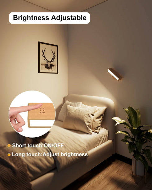 Set Dimmable,Wood 360 YiLaie Wall Sconces Battery Operated of Two,Rechargeable Wall Lamps for Bedroom,Wall Lights