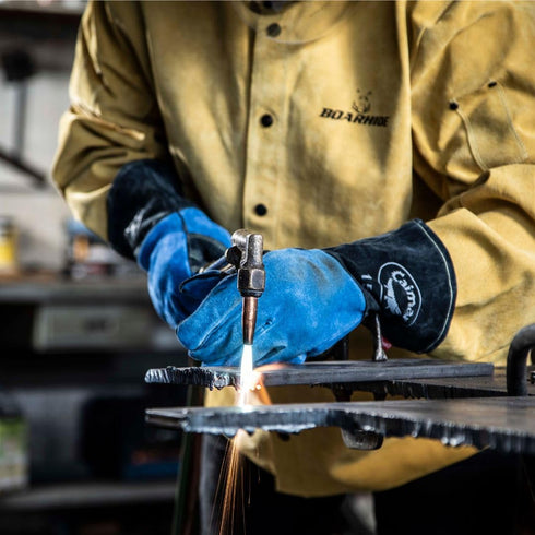 Caiman Premium Split Cowhide MIG/Stick Welding Gloves, Fleece Lining, Kontour Design, Kevlar Stitching, Blue/Black,