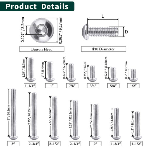 #10-24 x 1-1/2" (50 PCS) Button Head Socket Cap Bolts Screws - 304 Stainless Steel 18-8, Allen Hex Drive
