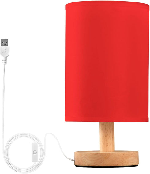YYZZH Red Table Lamp with Wood Base Fabric Lamp Shade Bedside Nightstand Desk