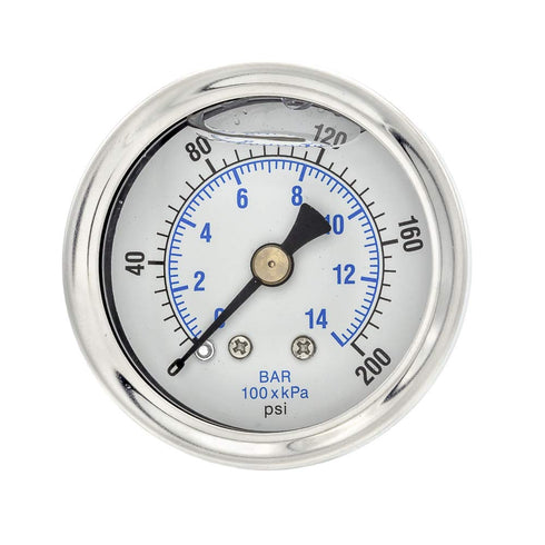 PIC Gauges 202L-158G Pressure Gauge, Center Back Mount, 1.5" Dial, 0/200 psi Range, 1/8" Male NPT, Glycerine Filled