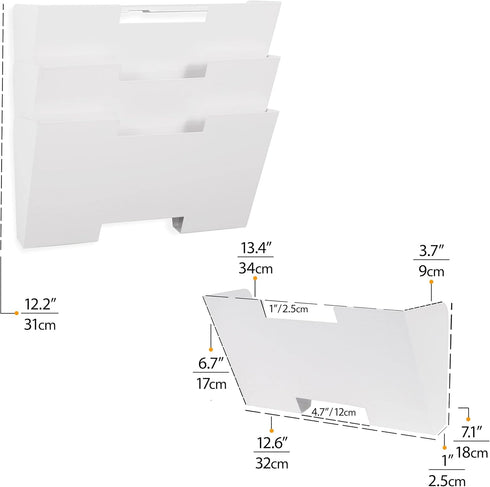 Wallniture 3-Tier Lisbon Wall File Holder Organizer, Metal White for Office Storage