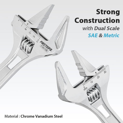 FIRSTINFO F36108 Adjustable Wrench | 8" Hookable Deep Throat | 1-1/4 inch Wide Jaw Opening | Chrome-Vanadium Steel