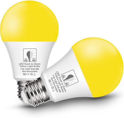 Dusk to Dawn LED Yellow Bug Light Bulb, 6W (40W Equivalent), E26 Base, Auto On/Off, 2 Pack for Outdoor Porch Lights