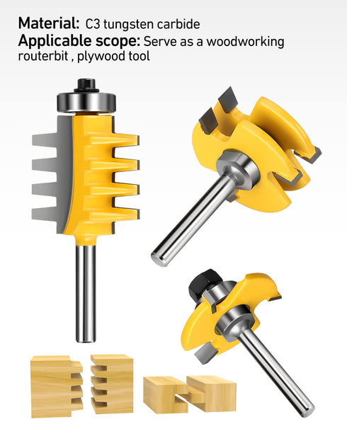 1/4-Inch Set 3 Pack Set, Shank Tongue and Groove Router Bits & Reversible Finger Joint Router Bit, Router Bit