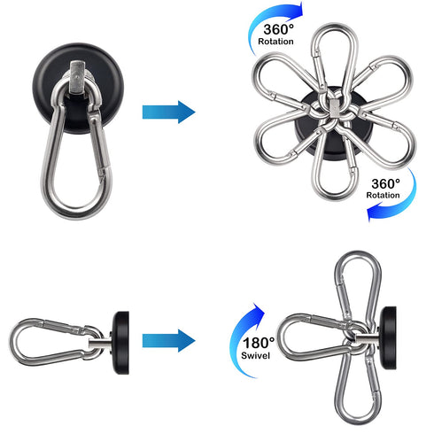 Magnetic Hooks 100lbs, Black Magnet Hooks with Swiveling Carabiner for Hanging, Strong Neodymium Magnet